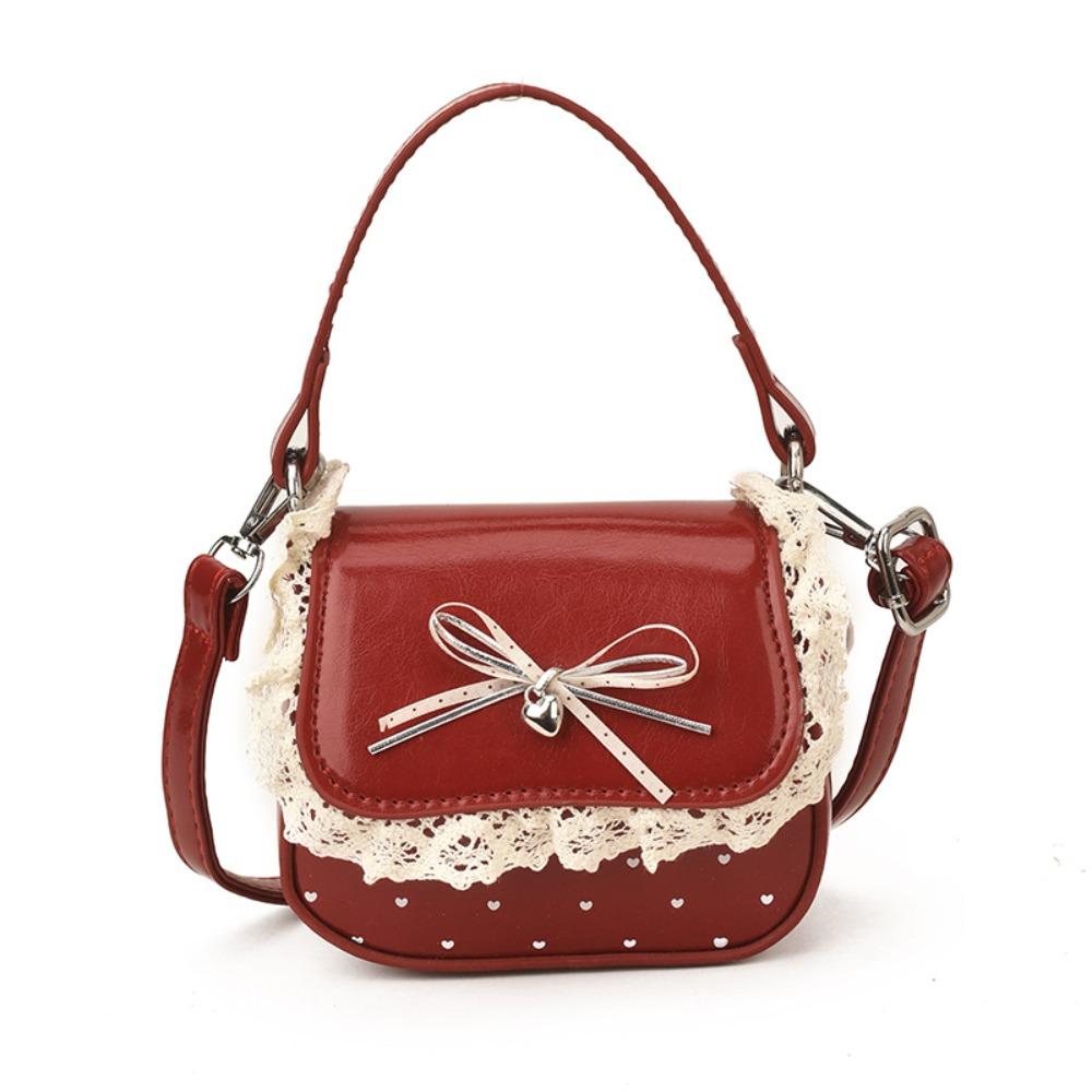Elegant PU Leather Women Lipstick Bag Soft Knot Design Crossbody Bag Lace Trim Sweet Style Shoulder Bag