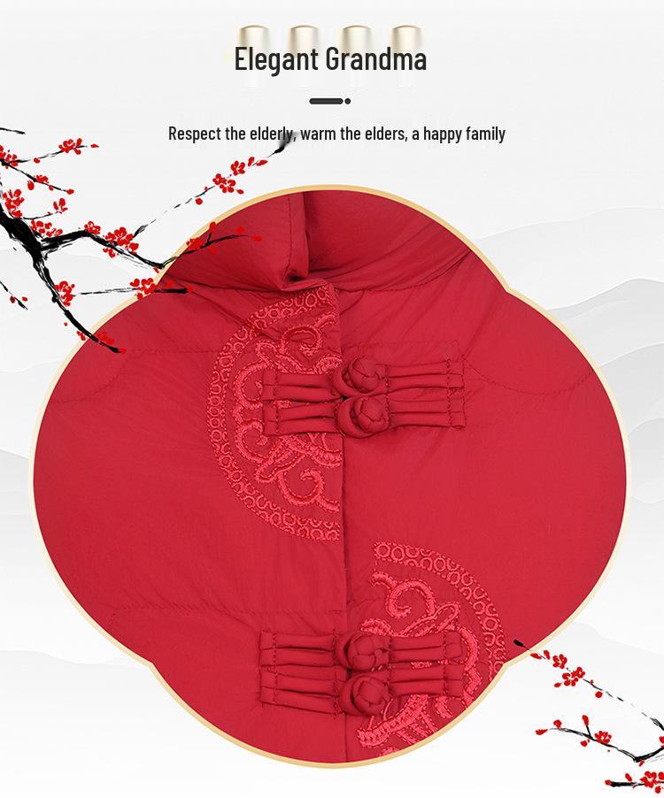 Red Chinese Style Winter Down Jacket for Middle-aged and Elderly Women: Warm, Thick Cotton Coat