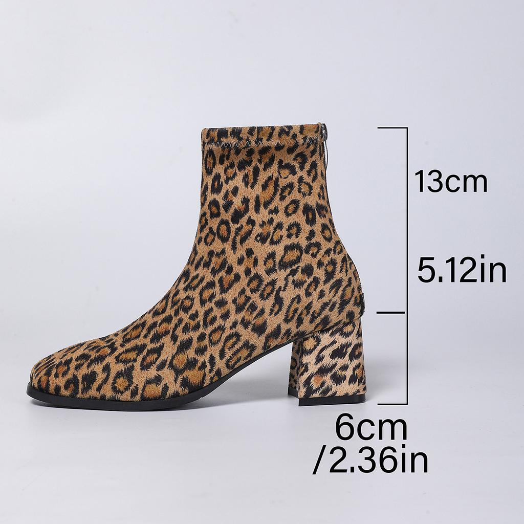Foreign Trade New European and American Style Leopard Print Square Head Thick Heel Short Boots Women's Suede Medium Heel Short Tube Rear Zipper Martin