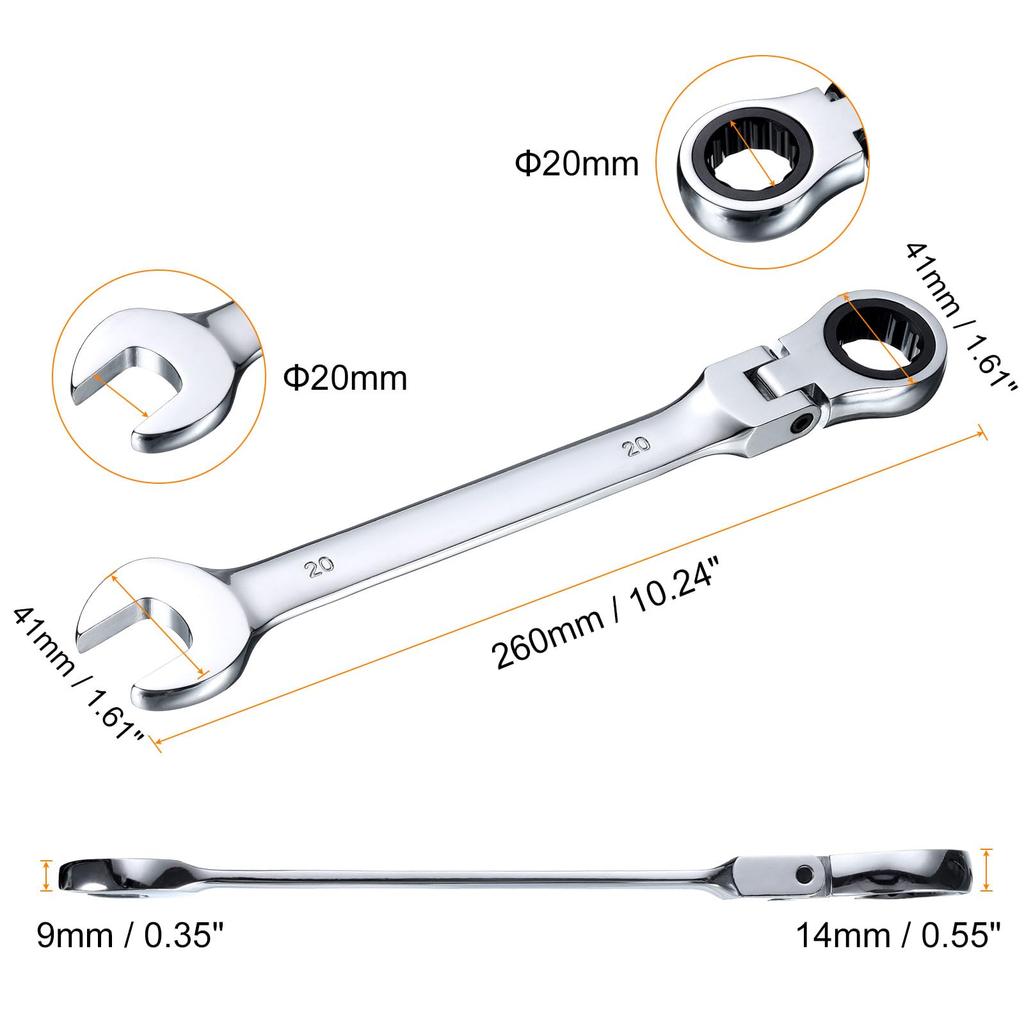 Uxcell 20mm Flex Head Ratchet Rotating Metric Ratchet Combination 72 Chrome Vanadium Ratchet for and Bolts Wrench, 180° Head, Wrench, Teeth, Steel,