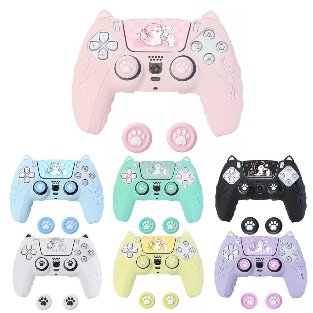 Lovely Cat Silicone Soft Protector Sticker Skin For Sony Playstation Dualsense 5 PS5 Controller Case Thumb Stick Grip Cap Cover