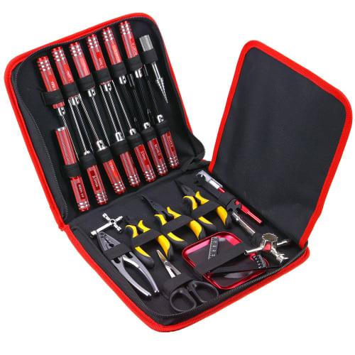 27-Piece RC Car Tool Kit with Flat, Phillips, and Hex Screwdrivers, Pliers, Cross Wrench, Body Reamer, Stand, and Polished Bar Hobby Repair Tools for