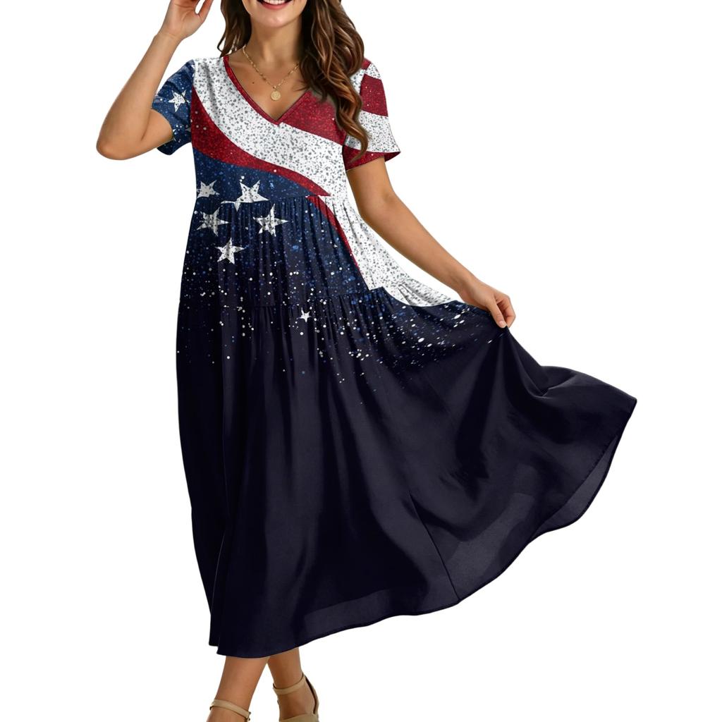Women’s Short Sleeve V Neck Maxi Dress with Star and Stripe Print Loose Fit Casual A Line Long Dress for Summer Daily Wear