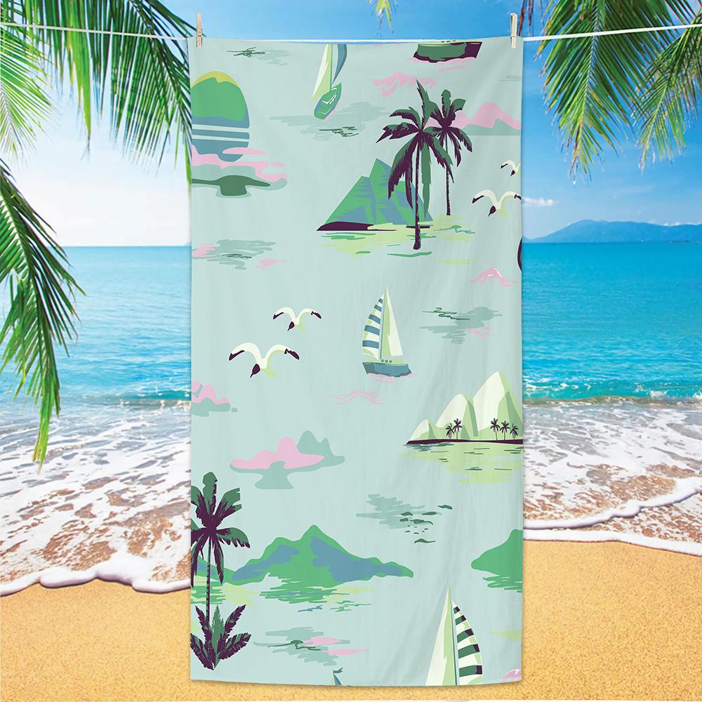 Light Blue White Vertical Stripe Island Palm Sailboat Beach Towel Quick Dry For Seaside Pool Weekend Camping Activity