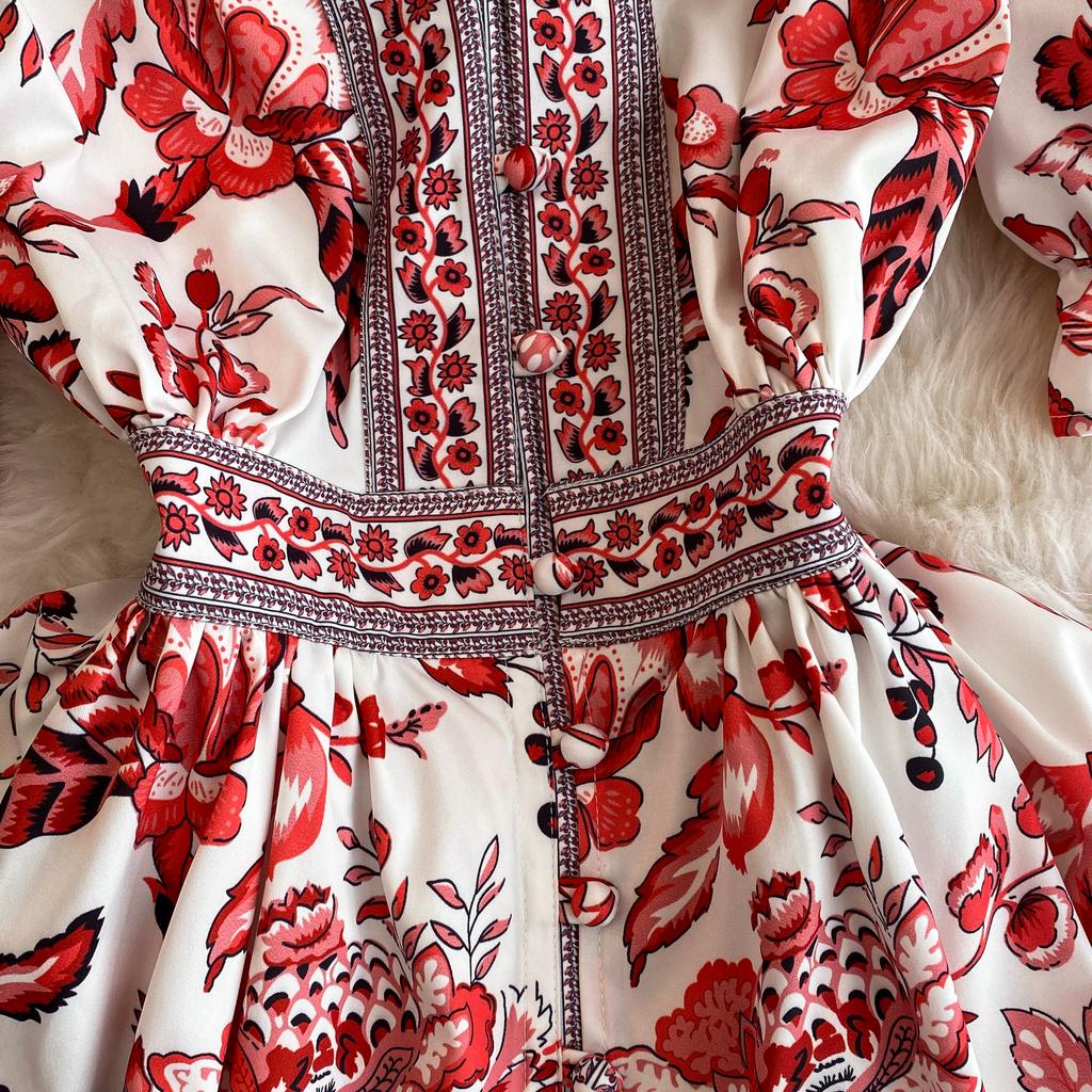 Summer Women Designer Vintage Print Runway Dress Elegant V-neck Single Breasted Party Dresses