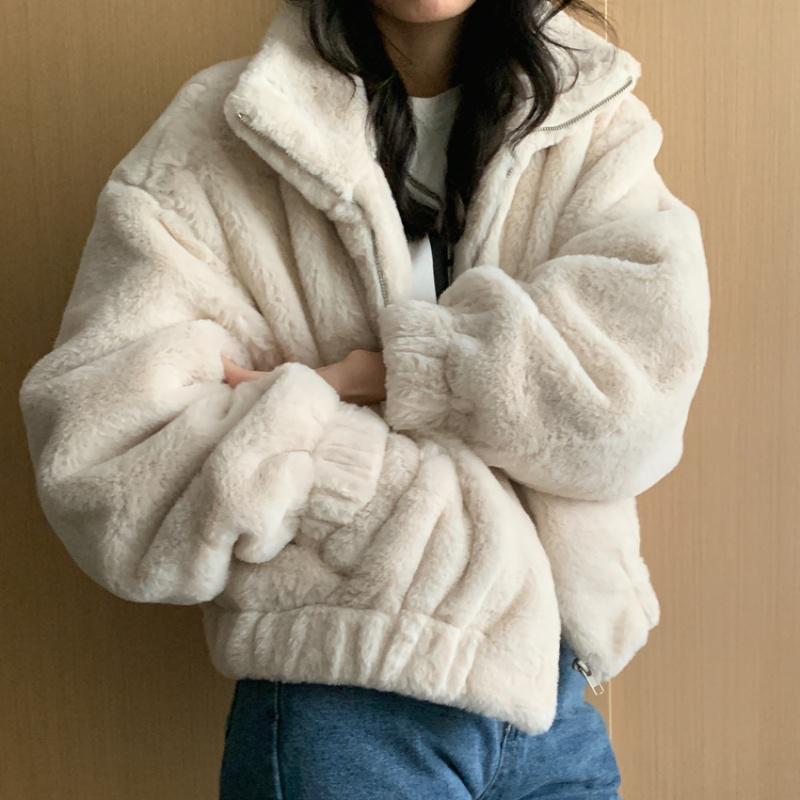 Damen Herbst Winter Verdicken Warm Mantel Stehkragen Locker Pelz Plüsch Reißverschluss Jacke Weich Bequem Lässig Einfach Einfarbig Oberbekleidung M beige