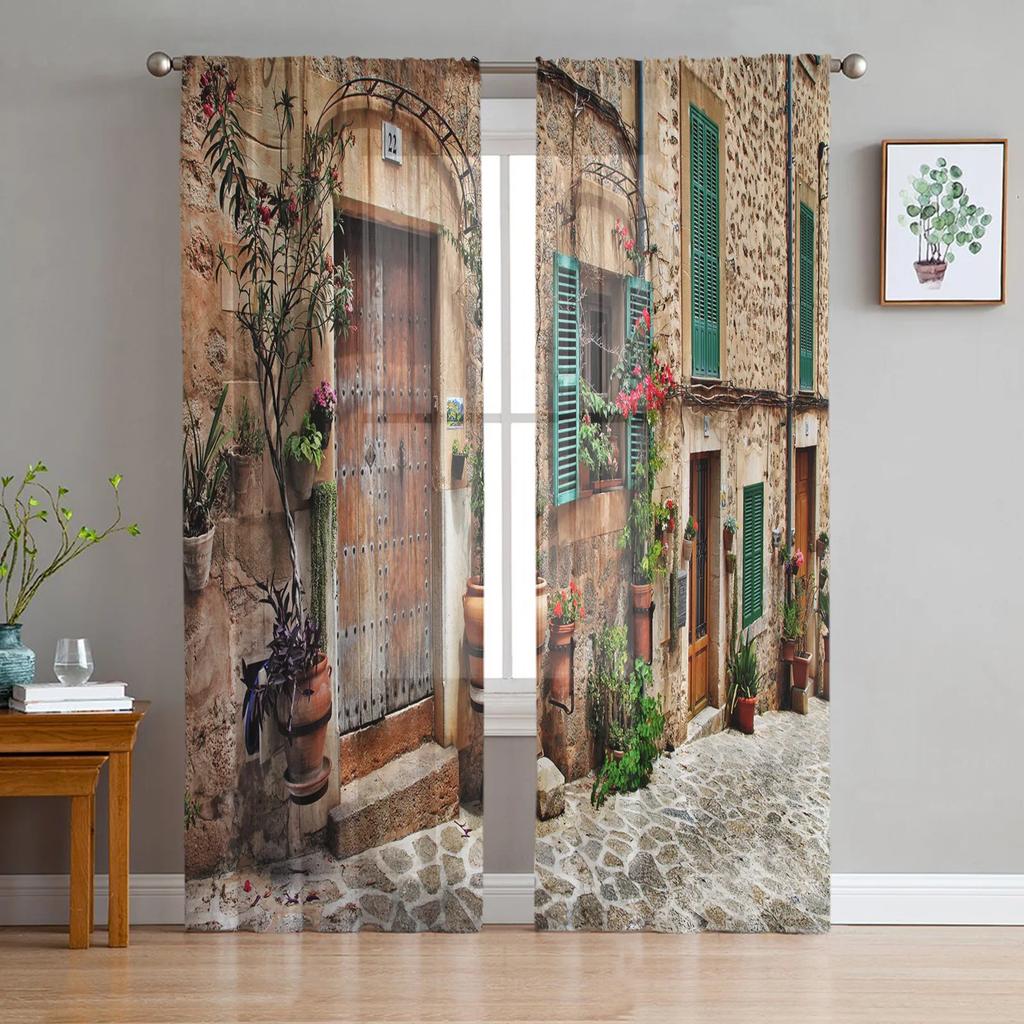 European Style Building Balcony Scenery Tulle Window Curtains Living Room Organza Sheer Voile Curtain Bedroom Kitchen Home Decor