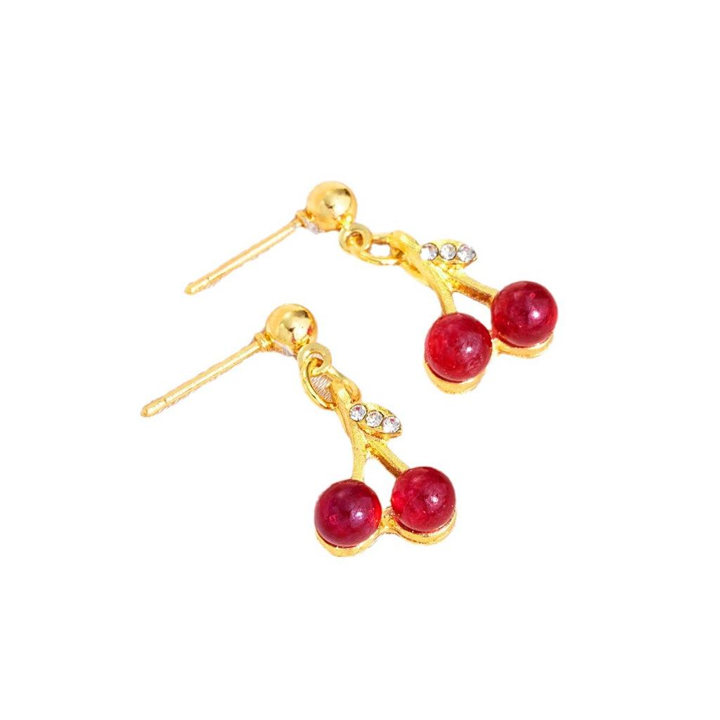 Niche design diamond-encrusted red cherry pendant earrings, fashionable and versatile, festive stud earrings, whitening earrings