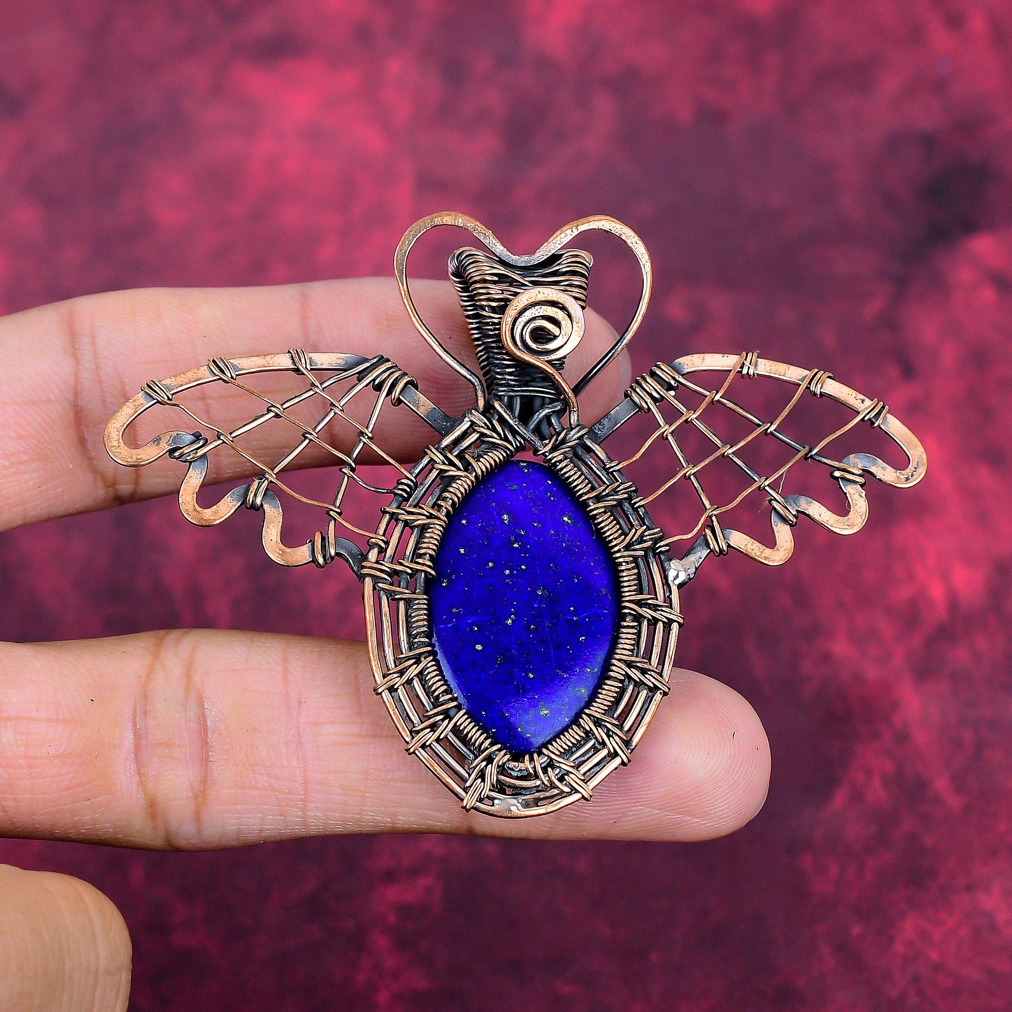 Lapis Lazuli Gemstone Pendant Copper Wire Wrapped Jewelry Butterfly Pendant