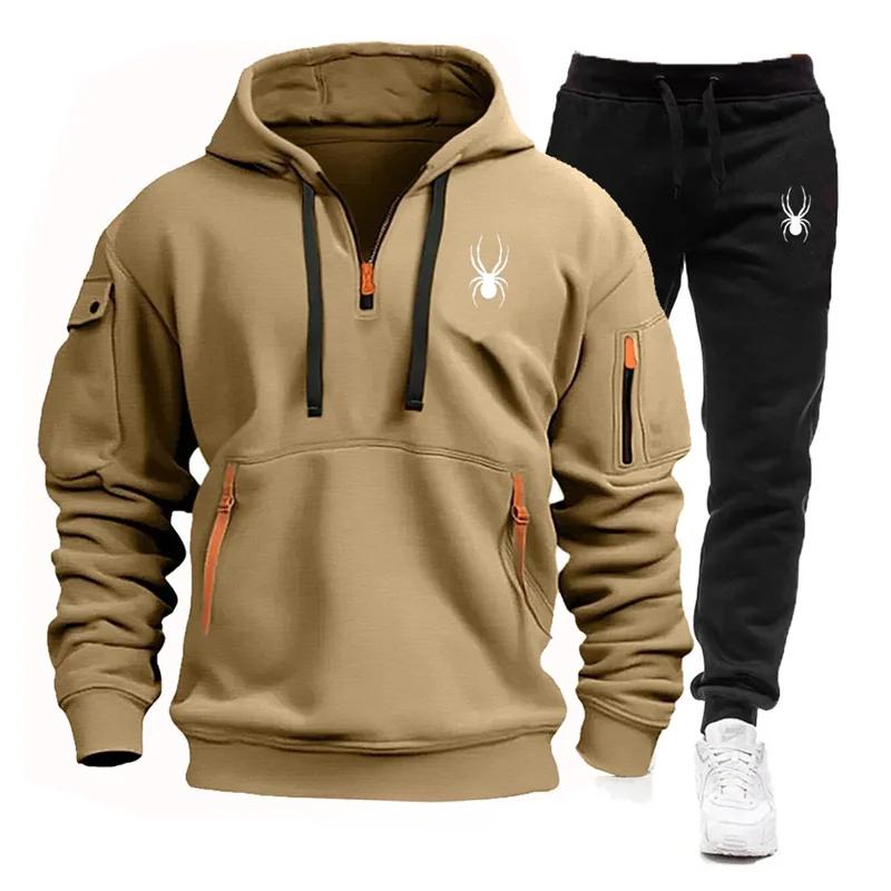 Frühling Herbst Herren Trainingsanzug Multi-Pocket Reißverschluss Hoodie + Jogginghose Zweiteilige Jogging Freizeit Fitness Sportbekleidung Sets