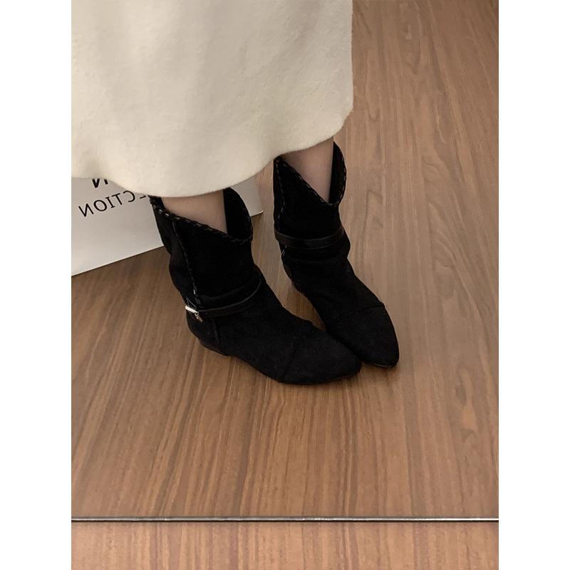 Retro pleated belt buckle pointed pile boots women's new inner height increase versatile comfortable western cowboy boots