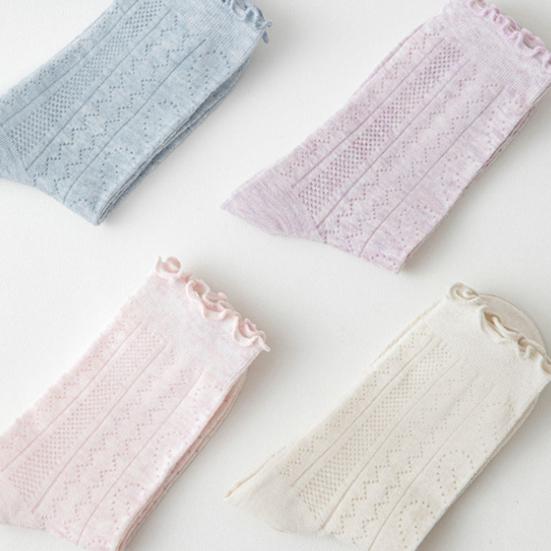 1 Pair Women Summer Socks Mid-tube Thin Shirring Lace Anti-slip Cooling Solid Color High Elasticity Sweat Absorption Adult Home Yoga Socks Piled Socks