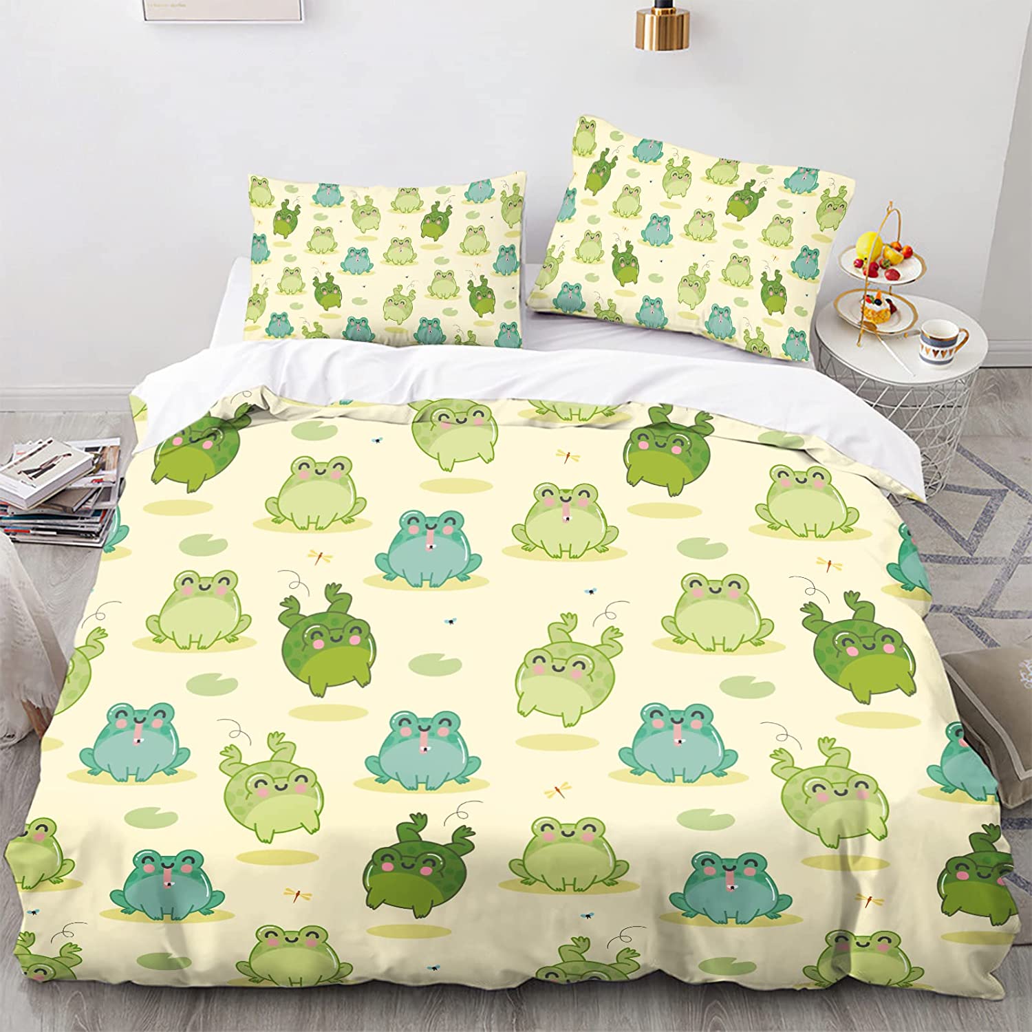 

Комплект пододеяльников с изображением лягушки, милый мультяшный узор лягушки Kawaii, размер King Queen, полиэстер, чехол с наволочкой для детей и девочек EU single(135x200cm)