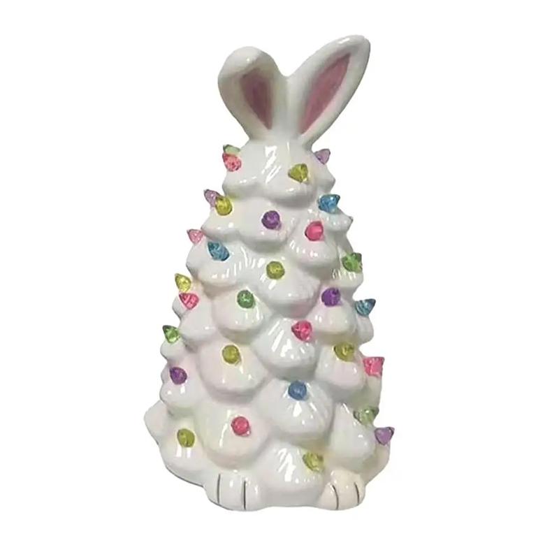 Happy Easter Bunny Tree Resin Bunny Figurines W/ Colorful Beads Tabletop Decor Lights Up Rabbits Spring Easter Decorations Gifts
