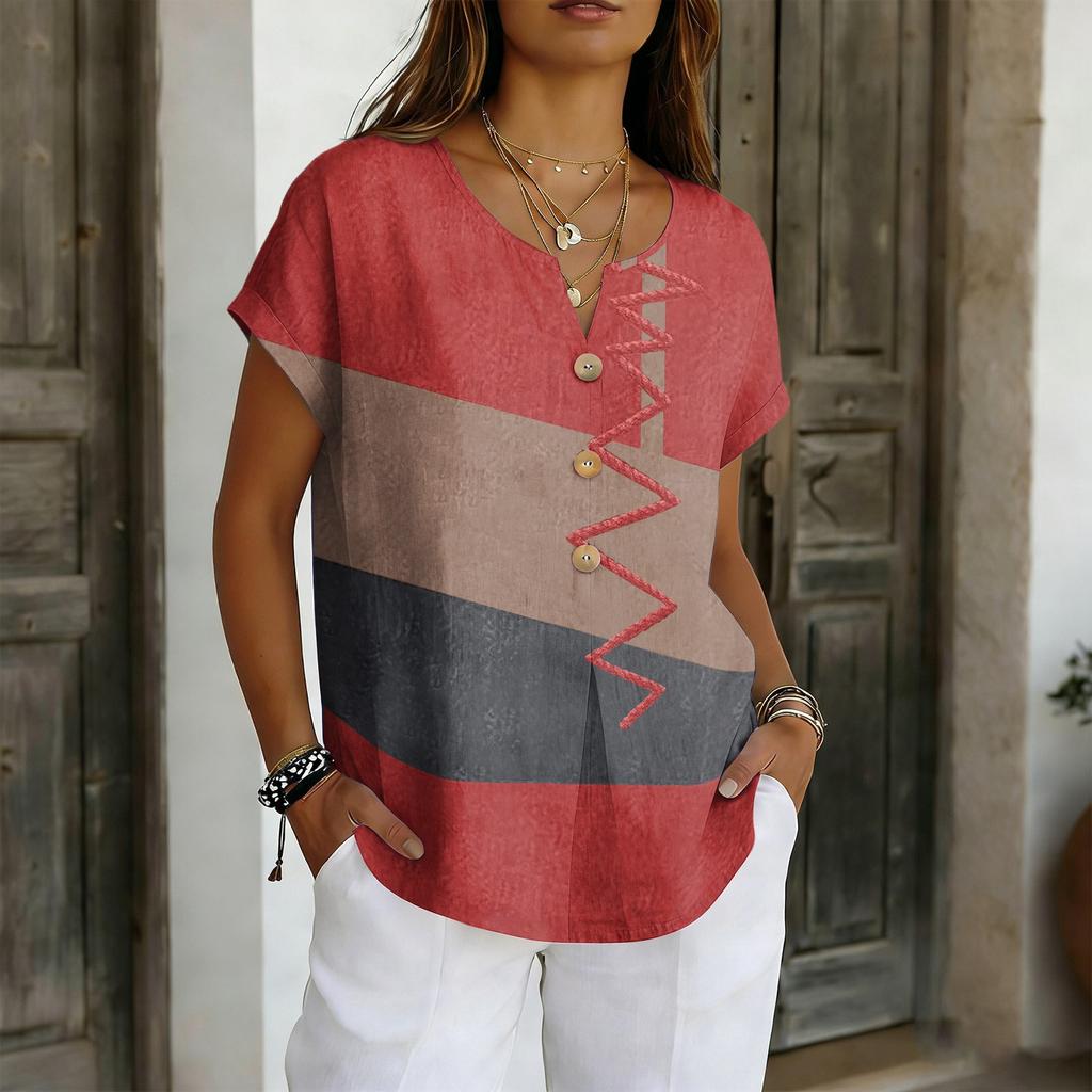 Top Casual de Manga Corta de Algodón y Lino para Mujer, Holgado y Elegante