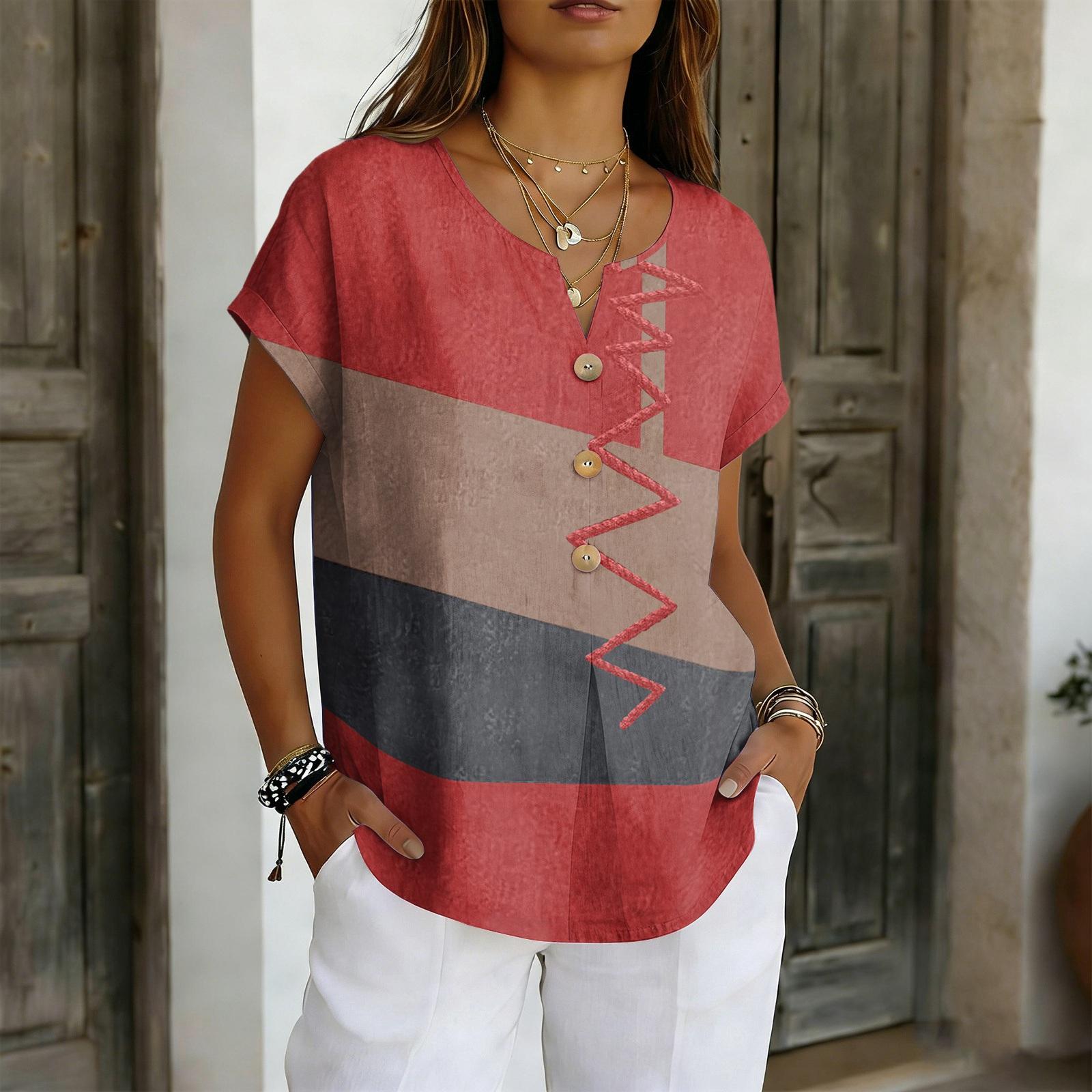 

Женский повседневный, свободного кроя и стильный хлопково-льняной топ с коротким рукавом XXL киноварь