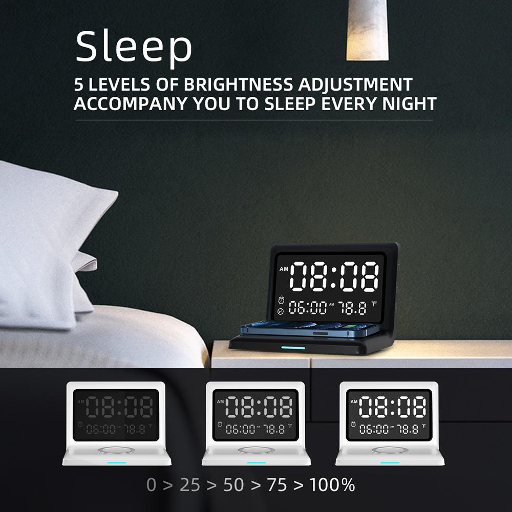 Multifunctional Digital Mirror Clock 15W Wireless Charging Alarm Clock with Large Dimmable Display