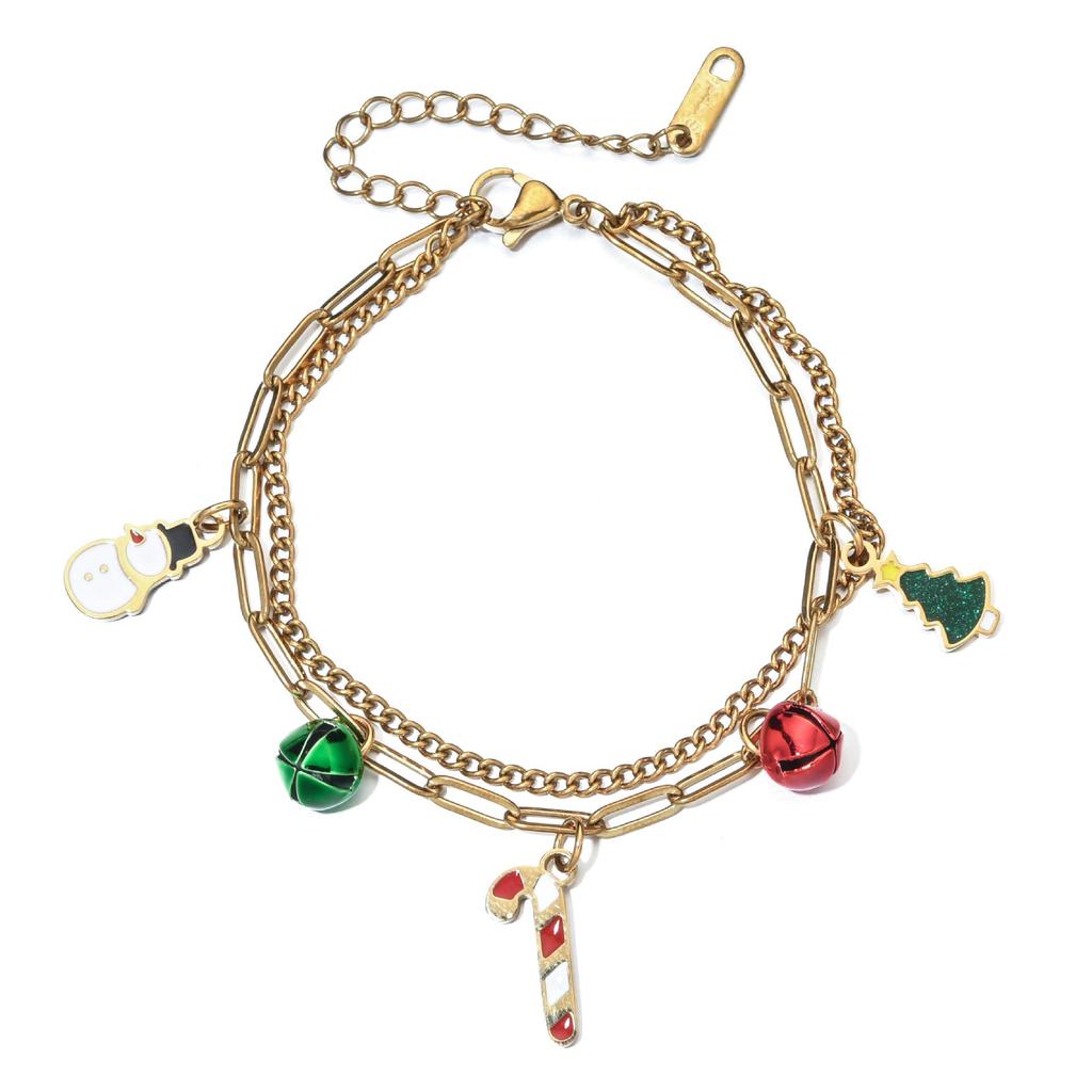 Double-layer Stainless Steel Bracelet with Christmas Charms: Snowman, Snowflake, Tree, Santa.