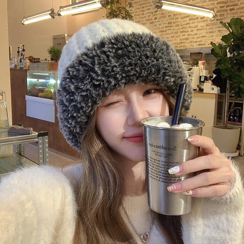 Plush knitted hat women's autumn and winter new big head circumference versatile wool hat showing small face thickened warm hat