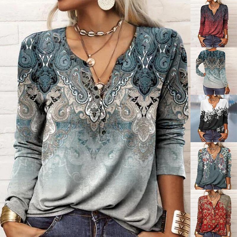 Autumn Winter Women's Long Sleeved Printed V-neck Loose T-shirt for Women