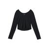 Camiseta de Punto Casual Deportivo de Manga Larga y Cuello Redondo de Color Sólido para Mujer Tops Negro FN3662-010