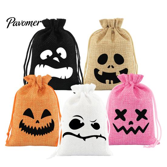 Decorative Gift Packaging 5Pcs Halloween Candy Bags with Drawstring, Funny Ghost Pumpkin Print Pouches Themed Event Goodie for Party Favors And Trick