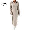 Ribbed Sweater Dress Women Knit for Fall Winter, Long Sleeve with Elegant Dresses Side Split, Solid Color Casual Collared V Neck Midi