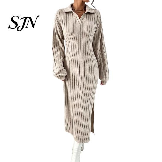 Ribbed Sweater Dress Women Knit for Fall Winter, Long Sleeve with Elegant Dresses Side Split, Solid Color Casual Collared V Neck Midi