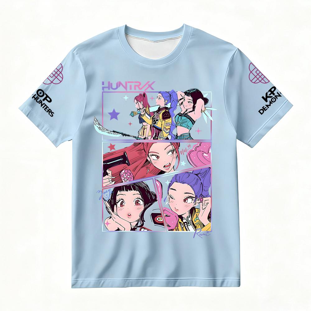 Women's Summer KPop Demon Hunters Graphic T-Shirt HUNTRX Comic Style Character Printed Top for Fashion Streetwear Casual Daily
