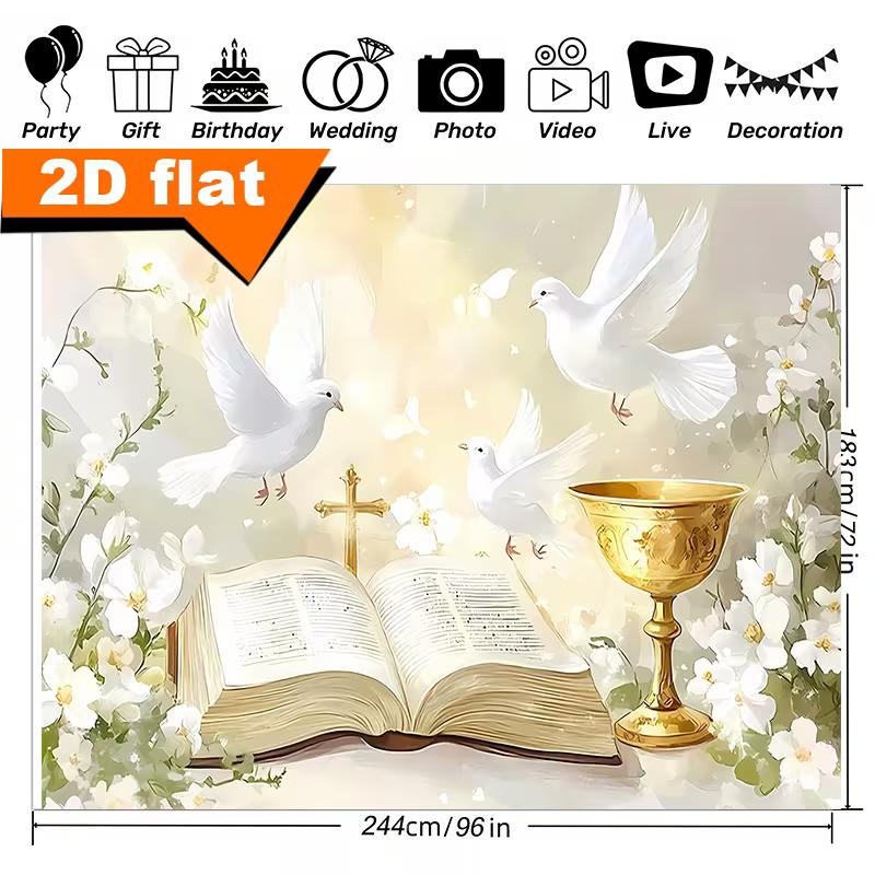 Christian Faith Backdrop, Bible, Chalice and Doves with White Flowers for Religious Ceremony Decor