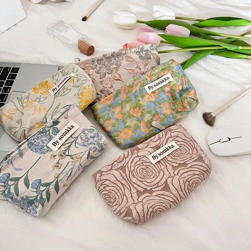 Women's Floral Korean Makeup Bags Cosmetic Bag Organizer Pouch Travel Make Up Toiletry Bag Canvas Beauty Case Pencil Case