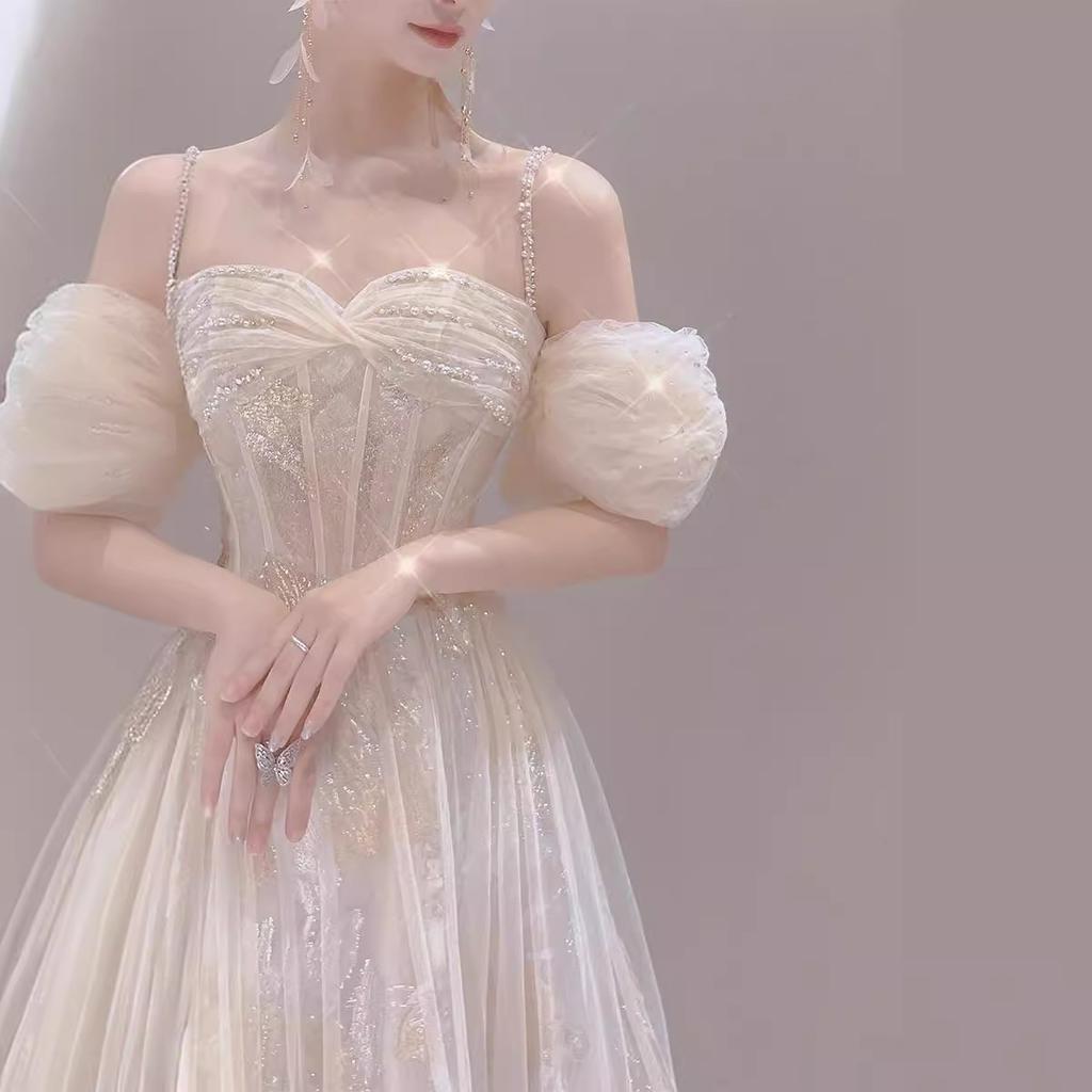 Romantic Fairy Toast Dress Bride Engagement High-end Light Luxury Niche Wedding Banquet Birthday Word Shoulder Evening Dress Dress Dress