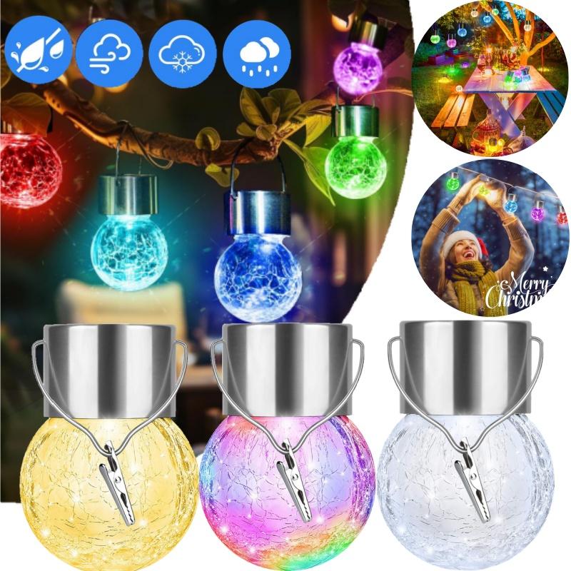 Solar Powered LED Cracked Glass Pendant Light Garden Villa Decoration Landscape Tree Hanging Light Outdoor Courtyard Light