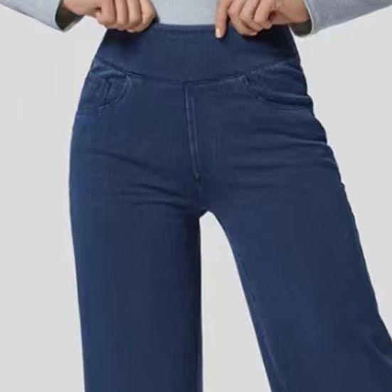 Jeans da donna elastici a vita alta aderenti leggermente svasati a gamba larga pantaloni lunghi in denim con tasche jeans tinta unita
