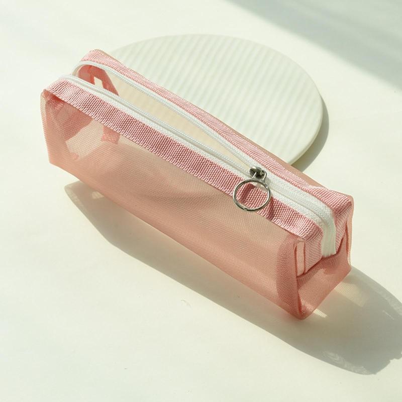 Cute Transparent Pencil for Case Mesh Makeup Storage Holder Pouch Solid Color for Travel Cosmetics Stationery Small Craf