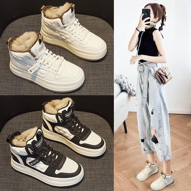 Sports high-top cotton shoes Women's winter velvet warm casual thick-soled students non-slip thickened plush board shoes