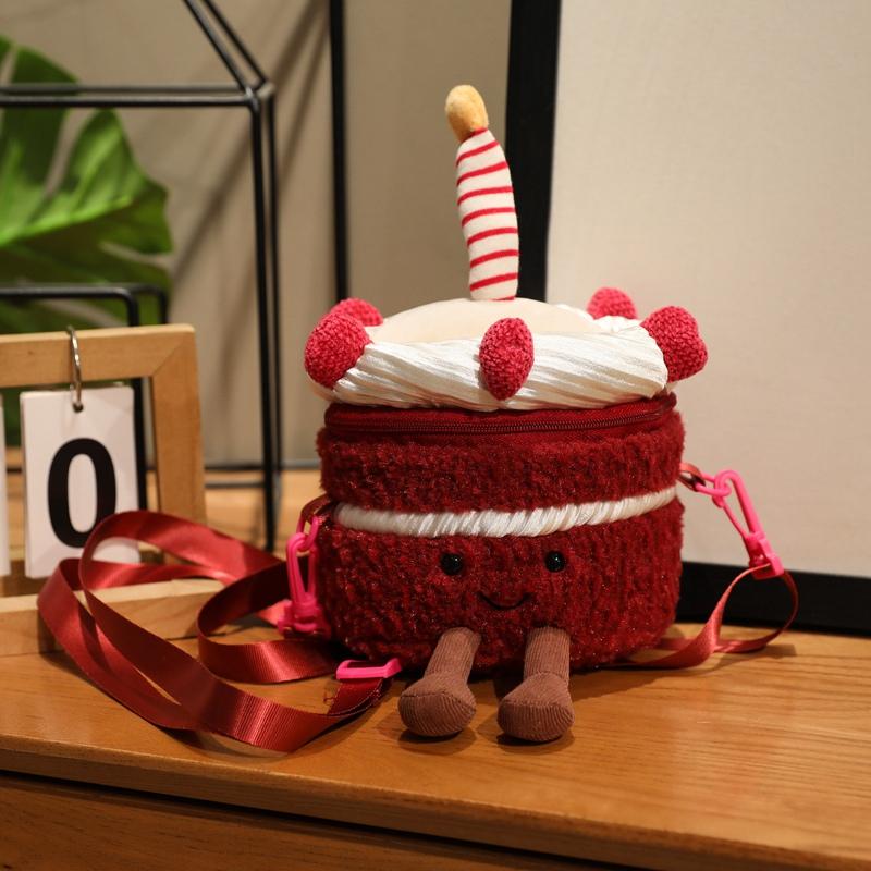 Creative Pink Cherry Cake Backpack Cream Fruit Cake Plush Bag Toy Simulation Kids Baby Birthday Cake Doll Gifts Home Decoration