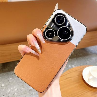Electroplated Case for Huawei Pura 90 Pro Max 70 Pro 80 Ultra Slim Faux Leather Metal Lens Ring Shockproof Soft Edge Cover
