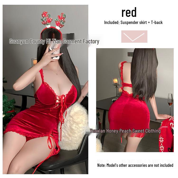 

Women s Red Velvet Strappy Santa Nightgown with Lace-up Design One Size