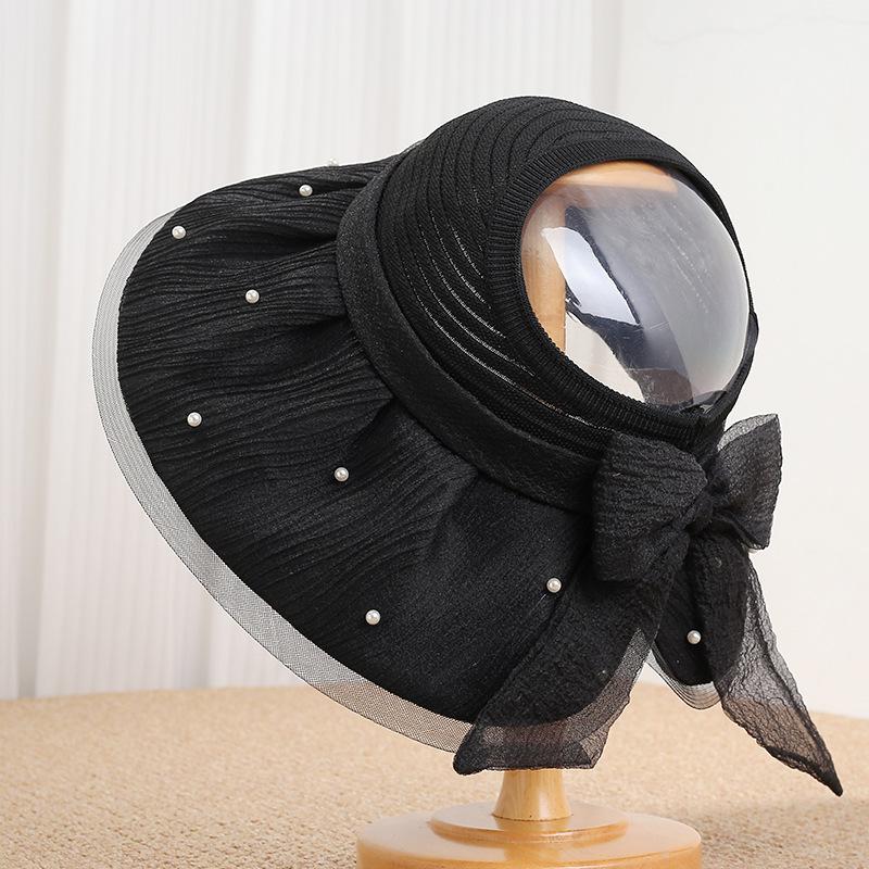 New splicing bow pearl empty top hat women's spring and summer mesh sunscreen hat big brim sweet sunshade sun hat
