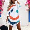 Women Plus Size Collared Long Sleeve Printed Button Front Curved Hem Shirt Dress