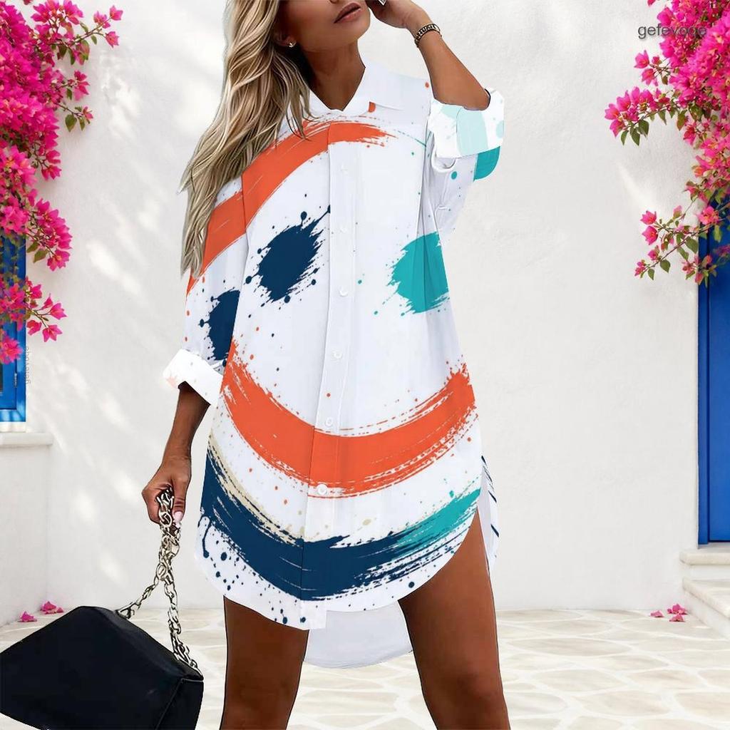 Women Plus Size Collared Long Sleeve Printed Button Front Curved Hem Shirt Dress
