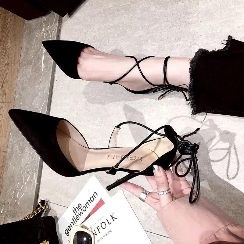 Spring Korean version of fine heel temperament Roman strap high heels women's 2025 new niche pointed head bag head fashion single shoes