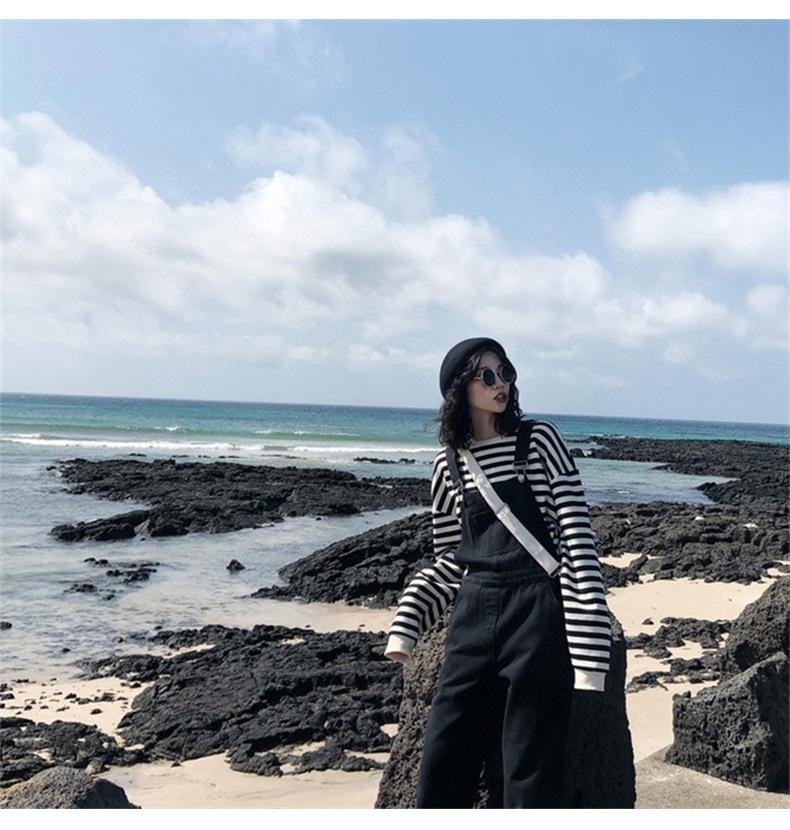 Baumwolle Frühher Herbst Gestreift Langarm T-Shirt Damen Oberteile Student Dünnes Lockeres Sweatshirt Damenmode Retro Vielseitiges Sweatshirt