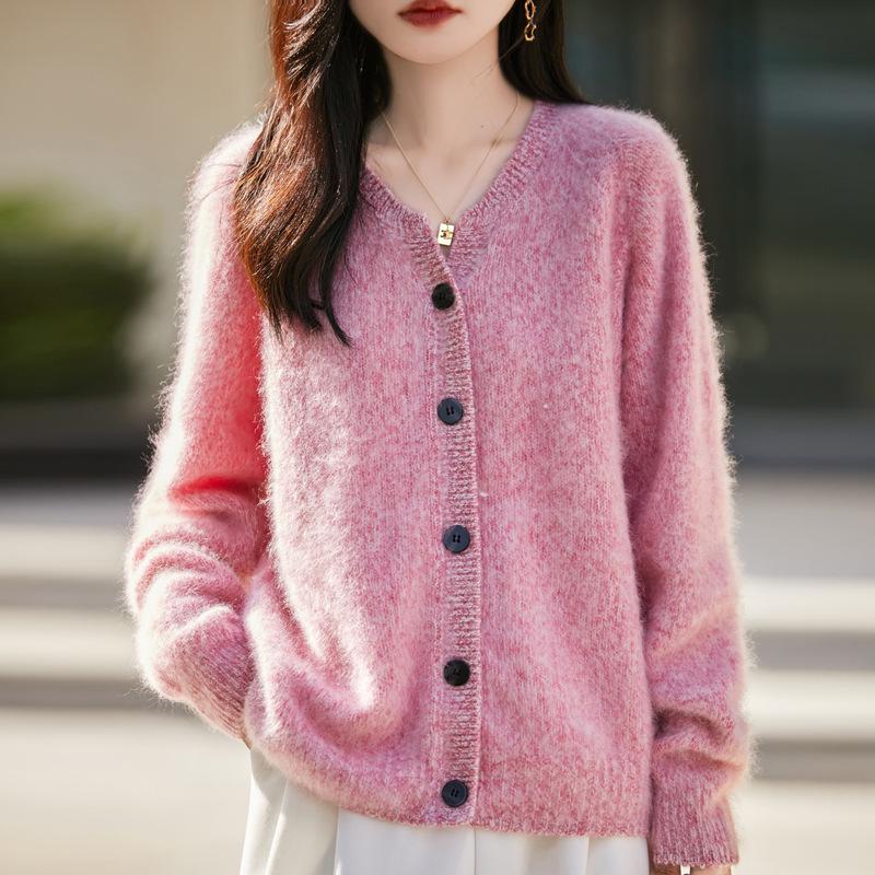 Luxurious Women's V-neck Cashmere Wool Blend Loose Brushed Cardigan in Marled Yarn Style