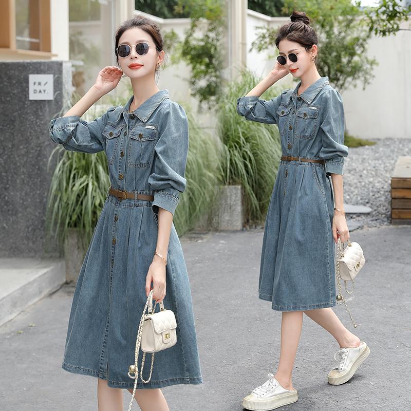 Women Denim Dress Spring Autumn Long Sleeved Blue Jean Dress Ladies Single-Breasted Dresses