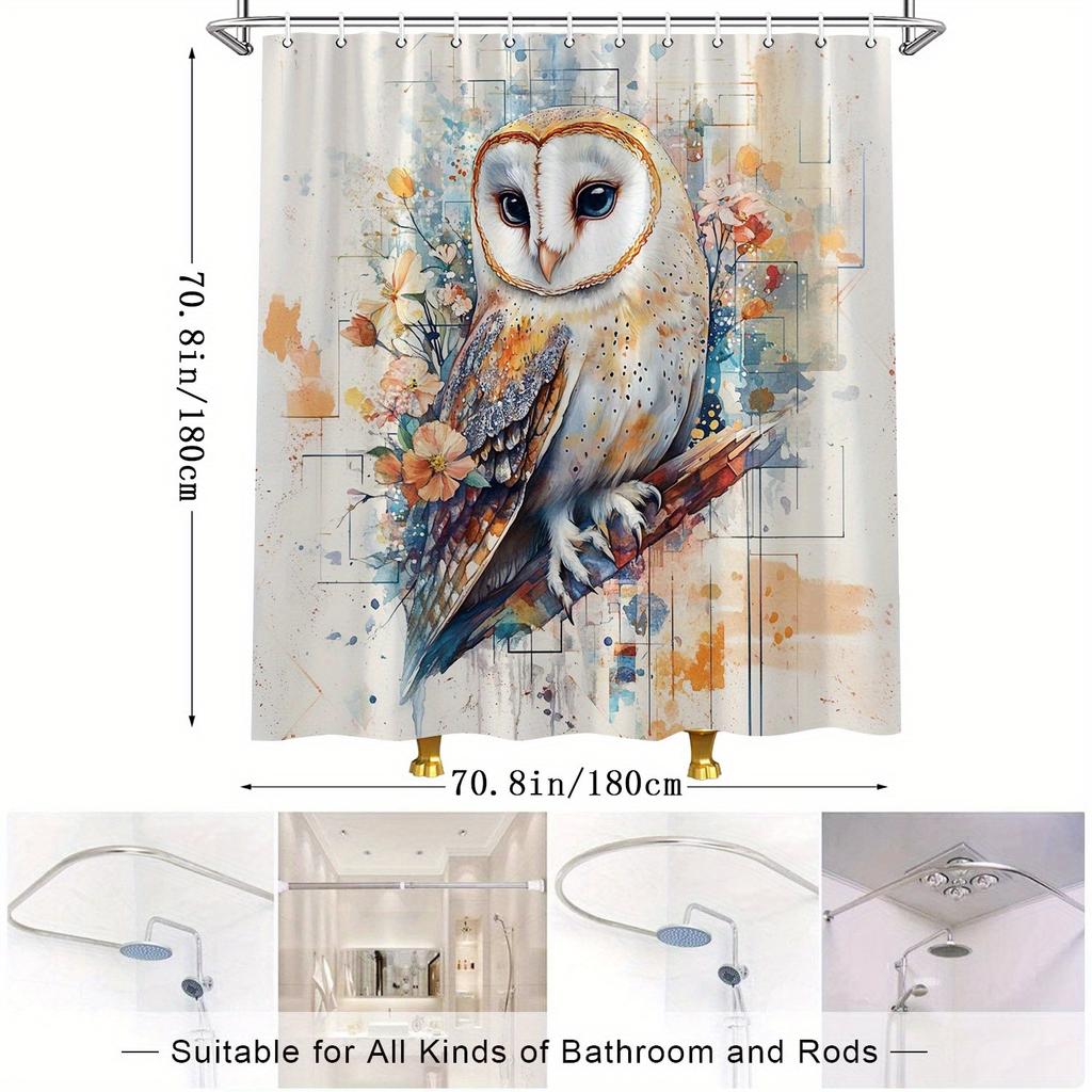 Rideau de douche Chouette effraie - Aquarelle numérique, Yeux expressifs, Fleurs délicates, Fond géométrique, Fantaisiste & Majestueux