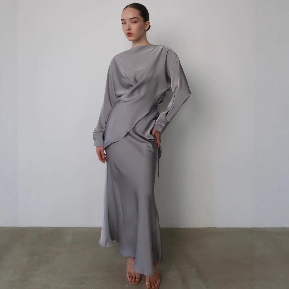 Women's Loose Skirt Suit Long Sleeve Blouse Elastic Waist Mermaid Skirt Satin Solid Elegant Two Piece Party Matching Set