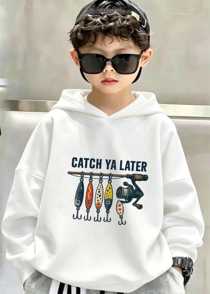 Fall/Winter Retro Fishing Bait Pattern "See You Later" Children's Hooded Sweatshirt Loose and Comfortable Warm Hooded Shirt
