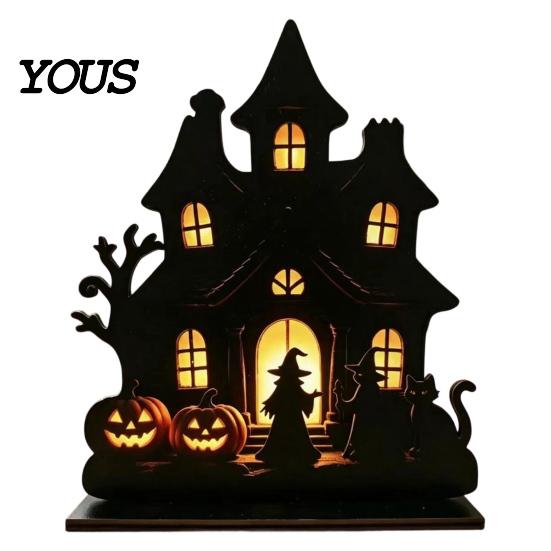 Black Matte Halloween Decoration Witch Wooden Table Centerpiece, Spooky Castle Cat Standing Durable Silhouette Tabletop Ornament for